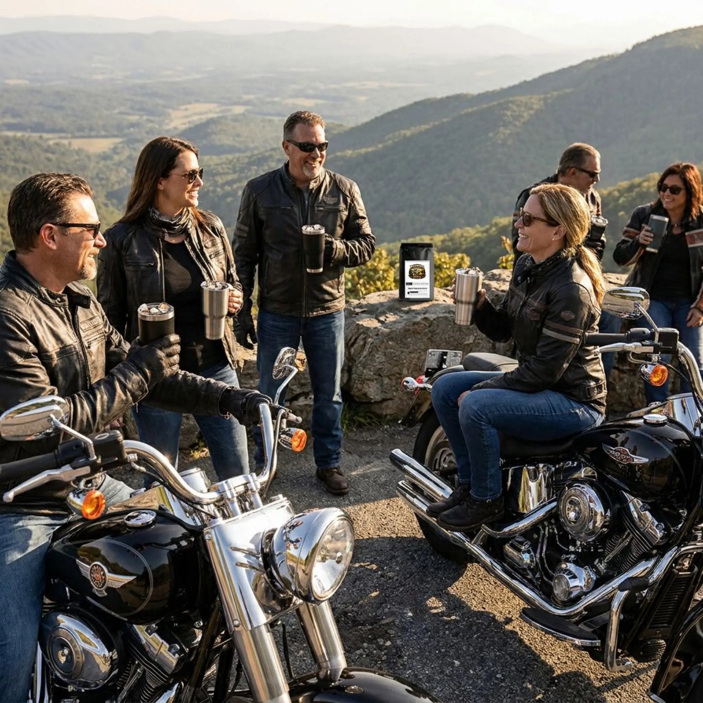 Group of people on motorcycles with scenic mountain backdrop