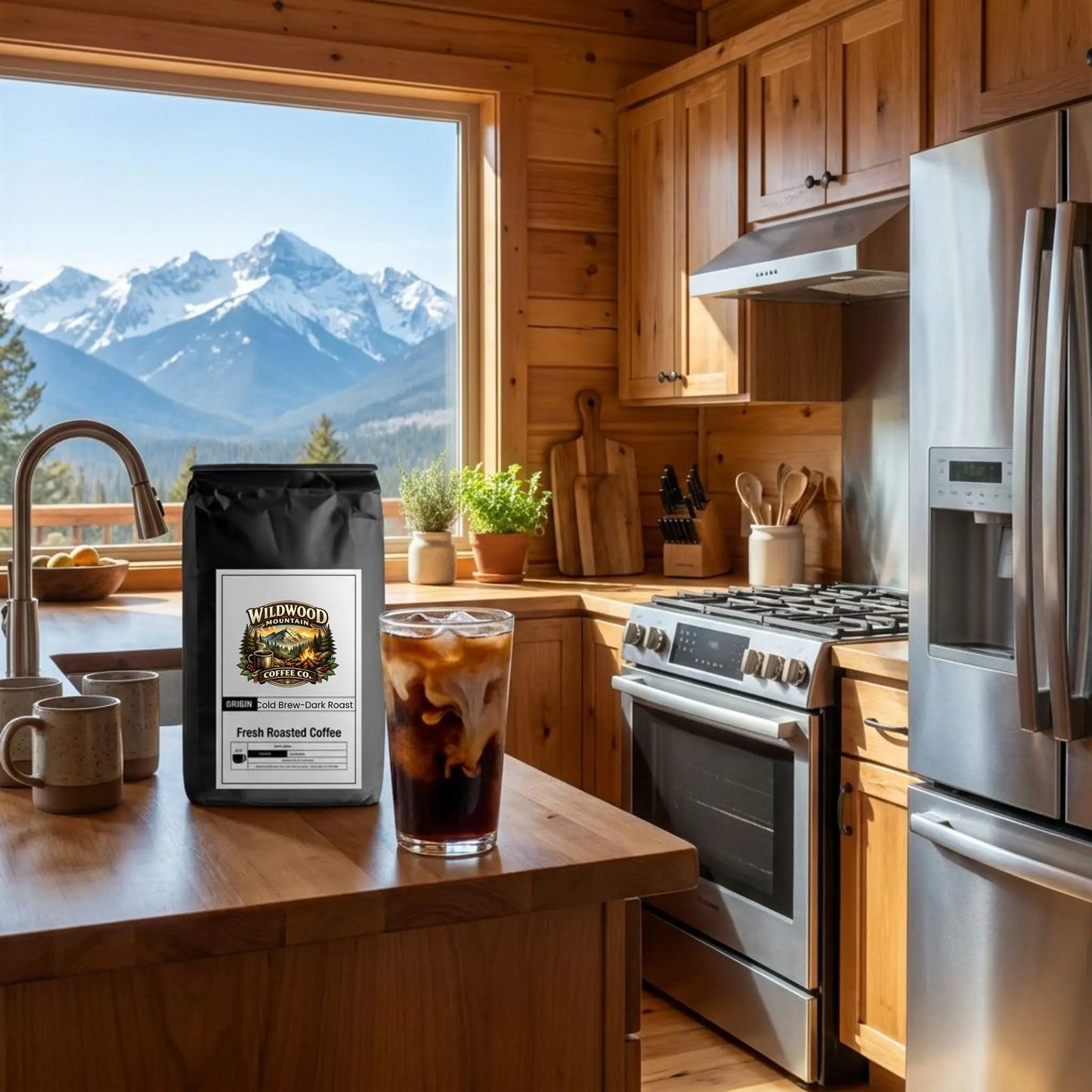 Kitchen with wooden cabinets, stainless steel appliances, and a view of mountains.