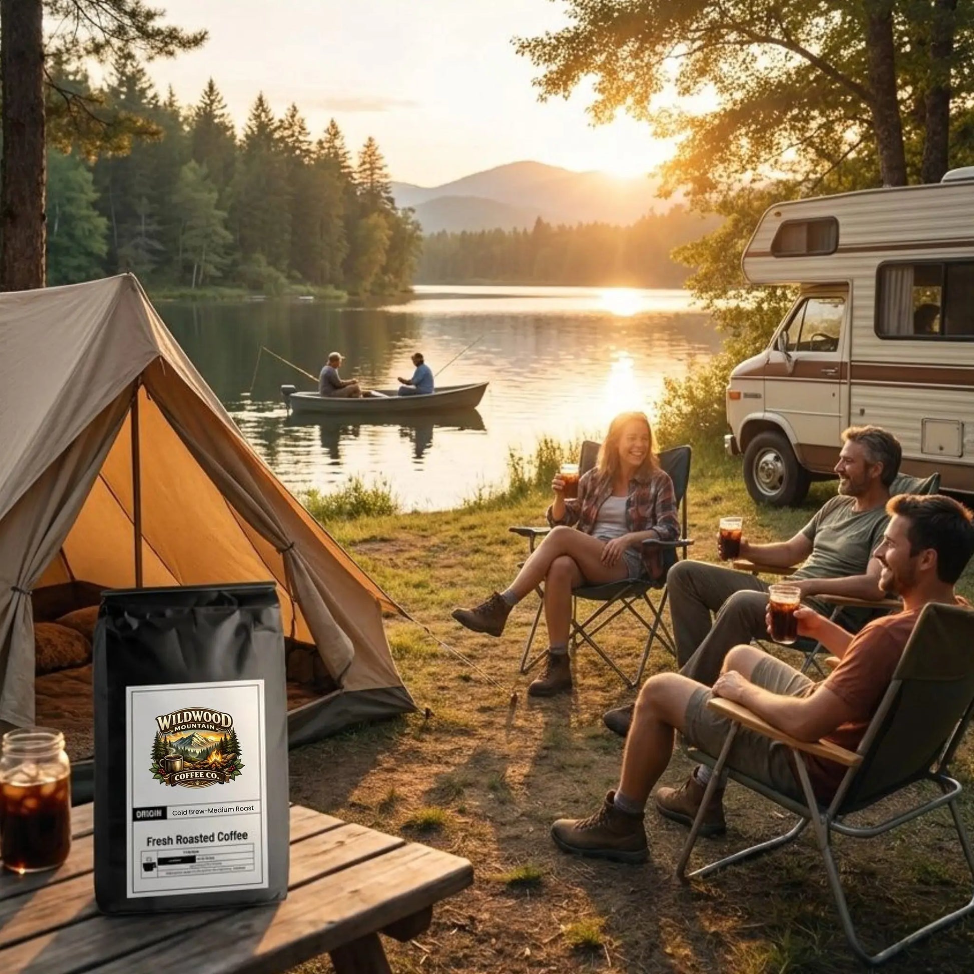 Camping scene with people by a lake, tent, and Wildwood Coffee bag drinking cold brew coffee.