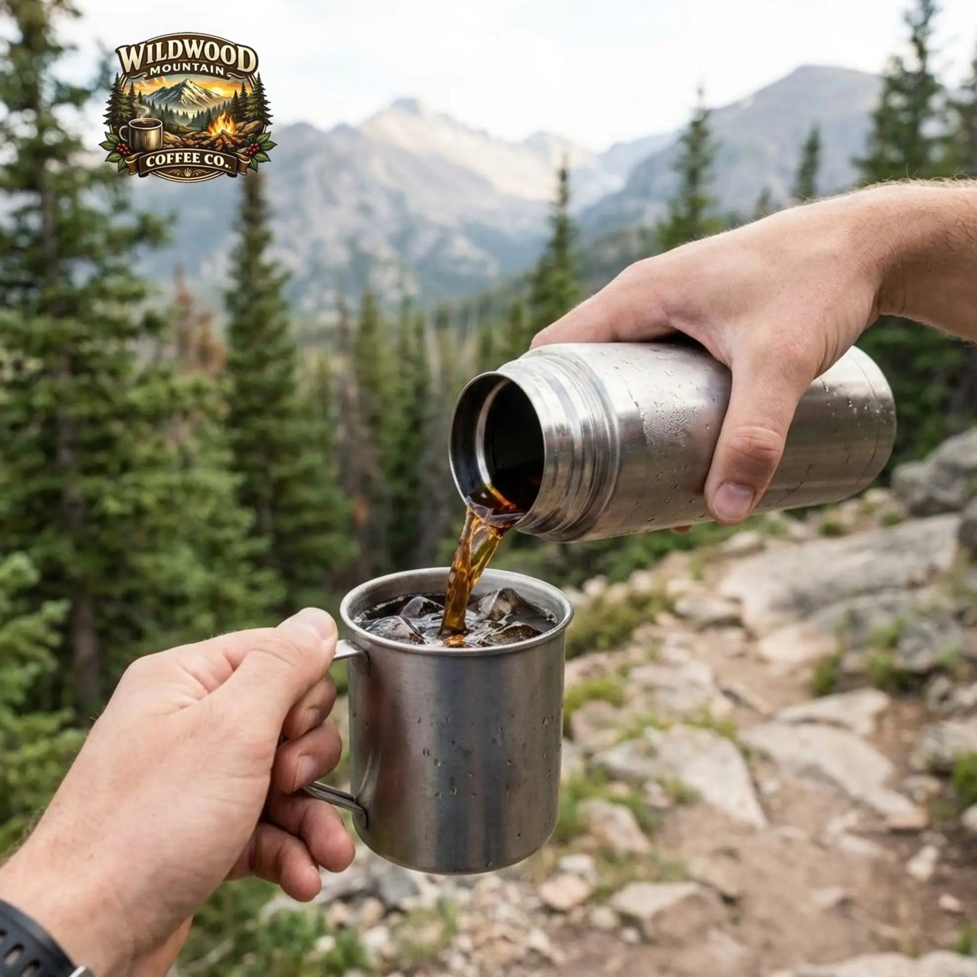 Person pouring coffee from a thermos into a mug with a scenic mountain background, featuring Wildwood Mountain Coffee Co. logo.