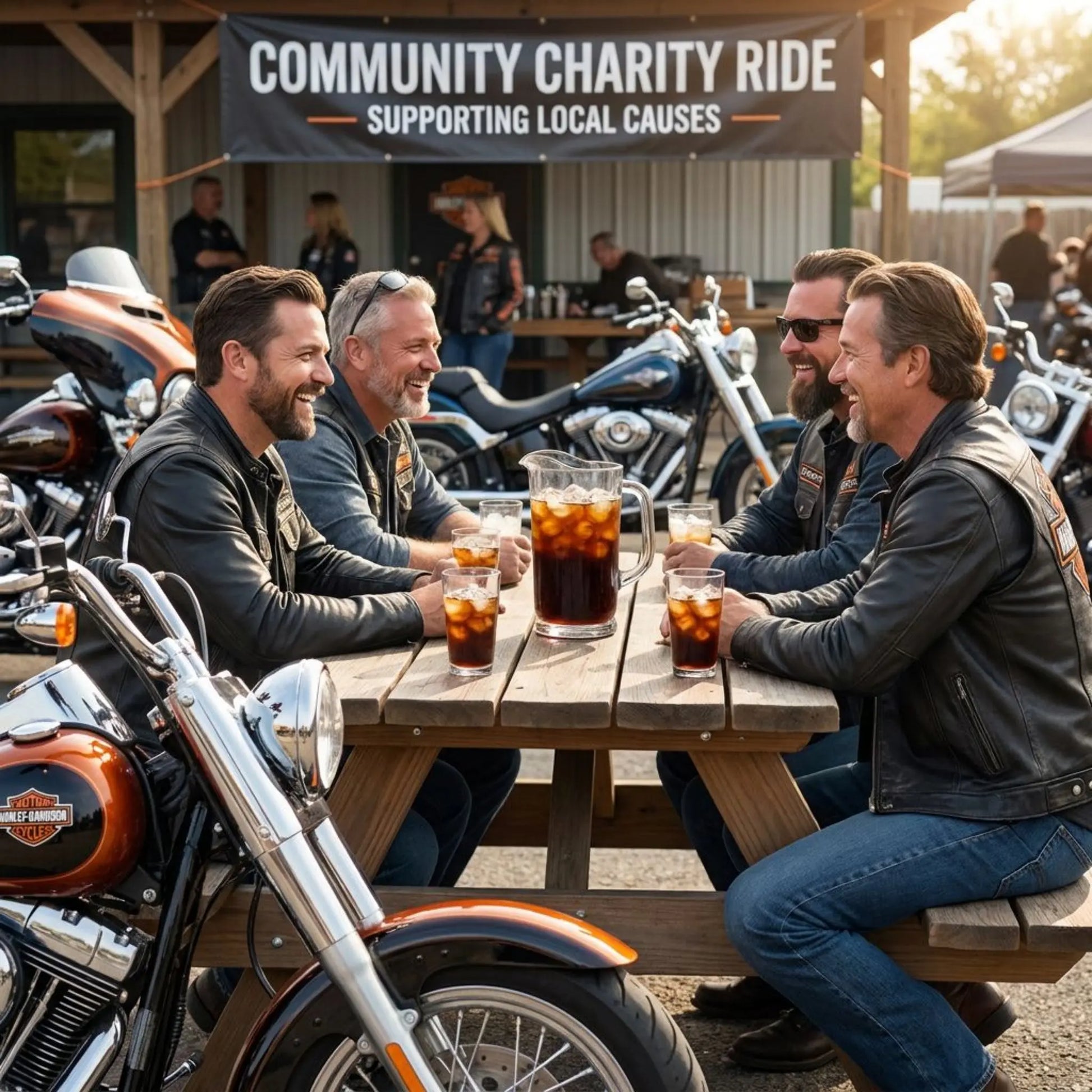 Group of men sitting at a picnic table with motorcycles around, under a 'Community Charity Ride' banner drinking cold brew coffee.