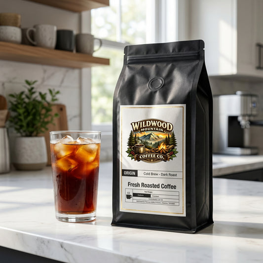 Black coffee bag with Wildwood Mountain Coffee Co. label next to a glass of cold brew coffee on a kitchen counter.