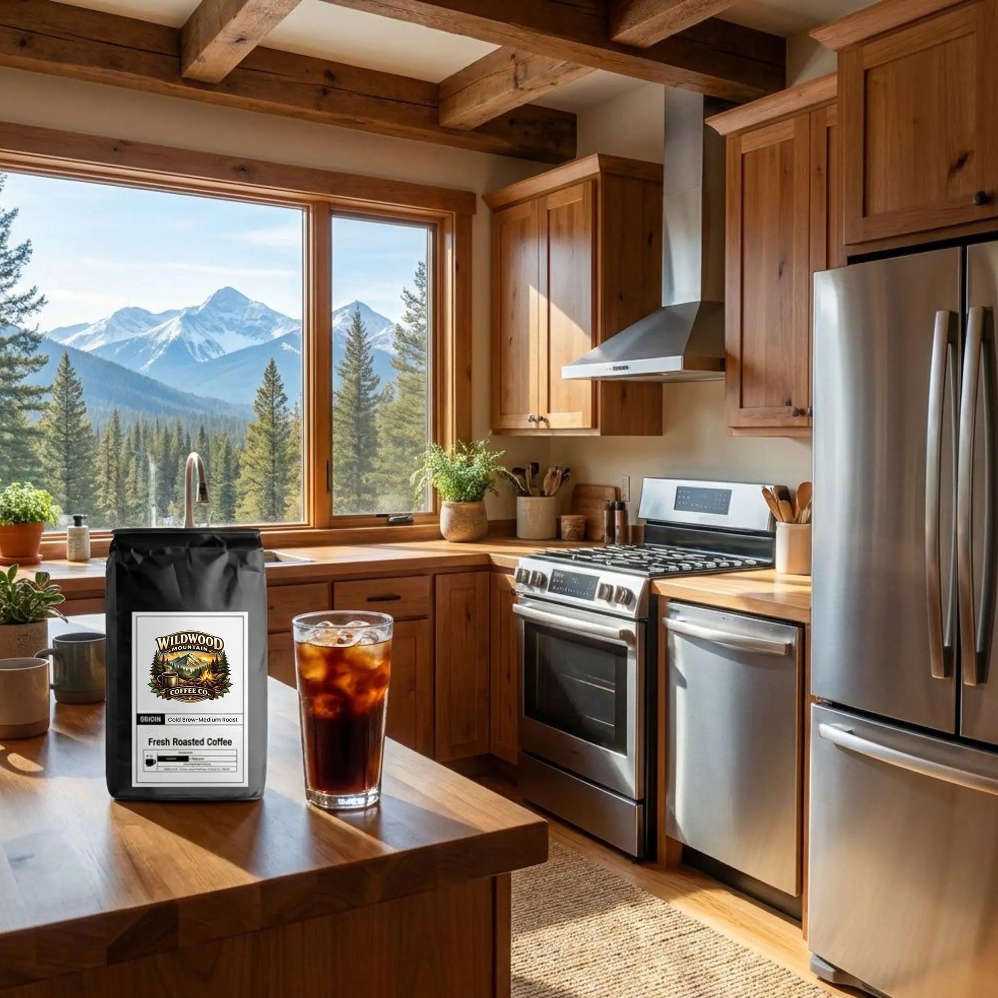 Mountain cabin kitchen with wooden cabinets, stainless steel appliances, and a view of mountains.