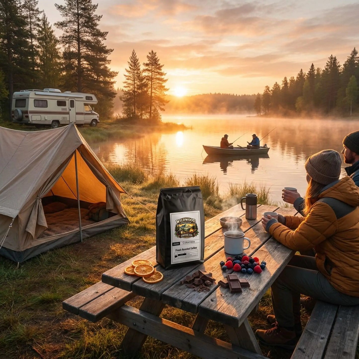 Camping scene with a tent, coffee bag, campers drinking coffee, fishermen on the lake in a boat fishing, and an RV in the background.  Berries, chocolates, and orange slices are on the table to compliment the flavors of the coffee.