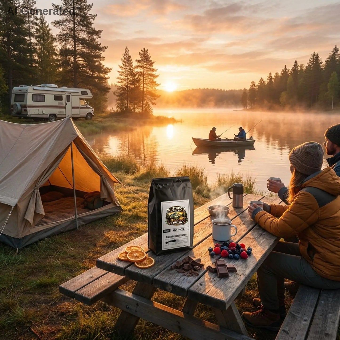 Camping scene with a tent, coffee bag, campers drinking coffee, fishermen on the lake in a boat fishing, and an RV in the background.  Berries, chocolates, and orange slices are on the table to compliment the flavors of the coffee.