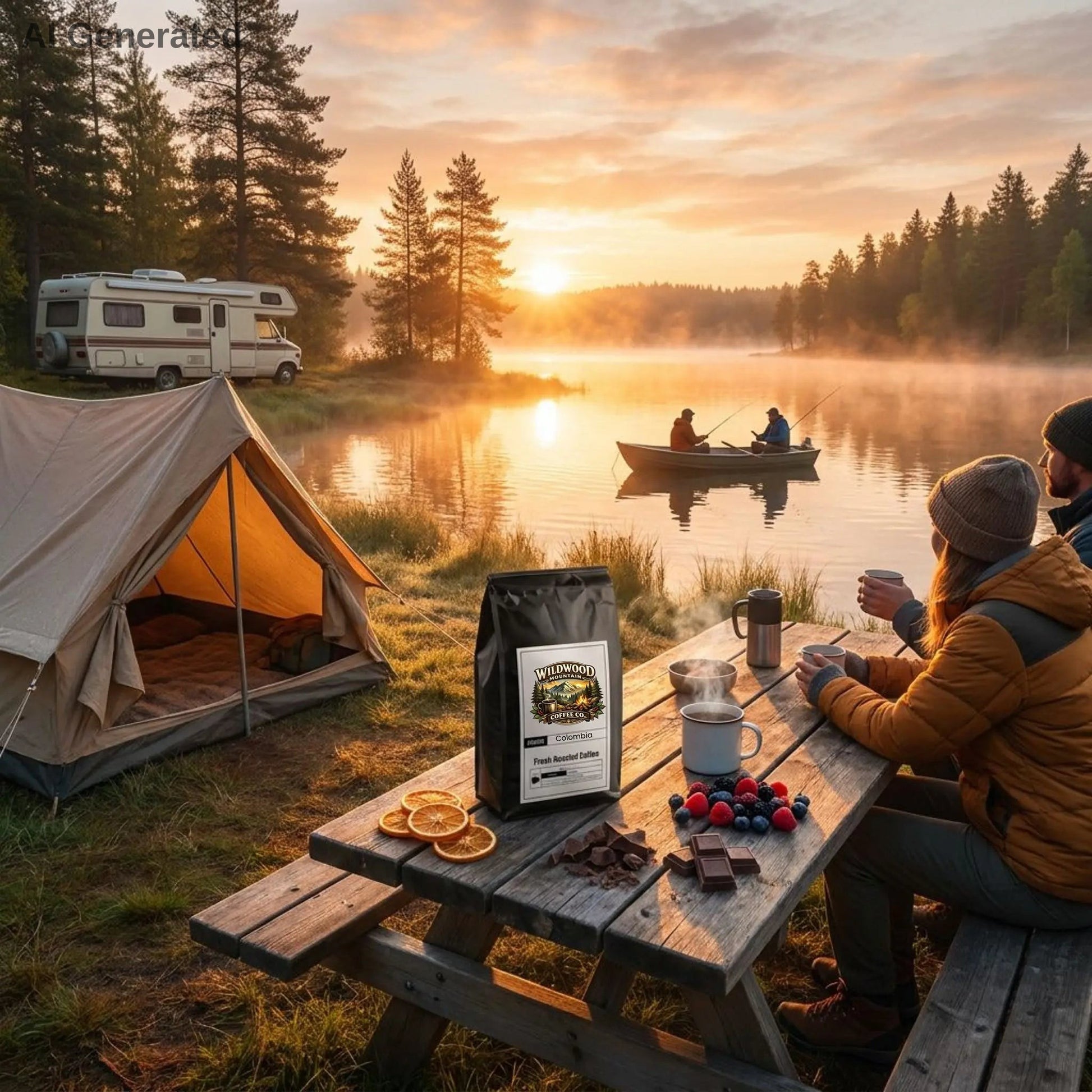 Camping scene with a tent, coffee bag, campers drinking coffee, fishermen on the lake in a boat fishing, and an RV in the background.  Berries, chocolates, and orange slices are on the table to compliment the flavors of the coffee.