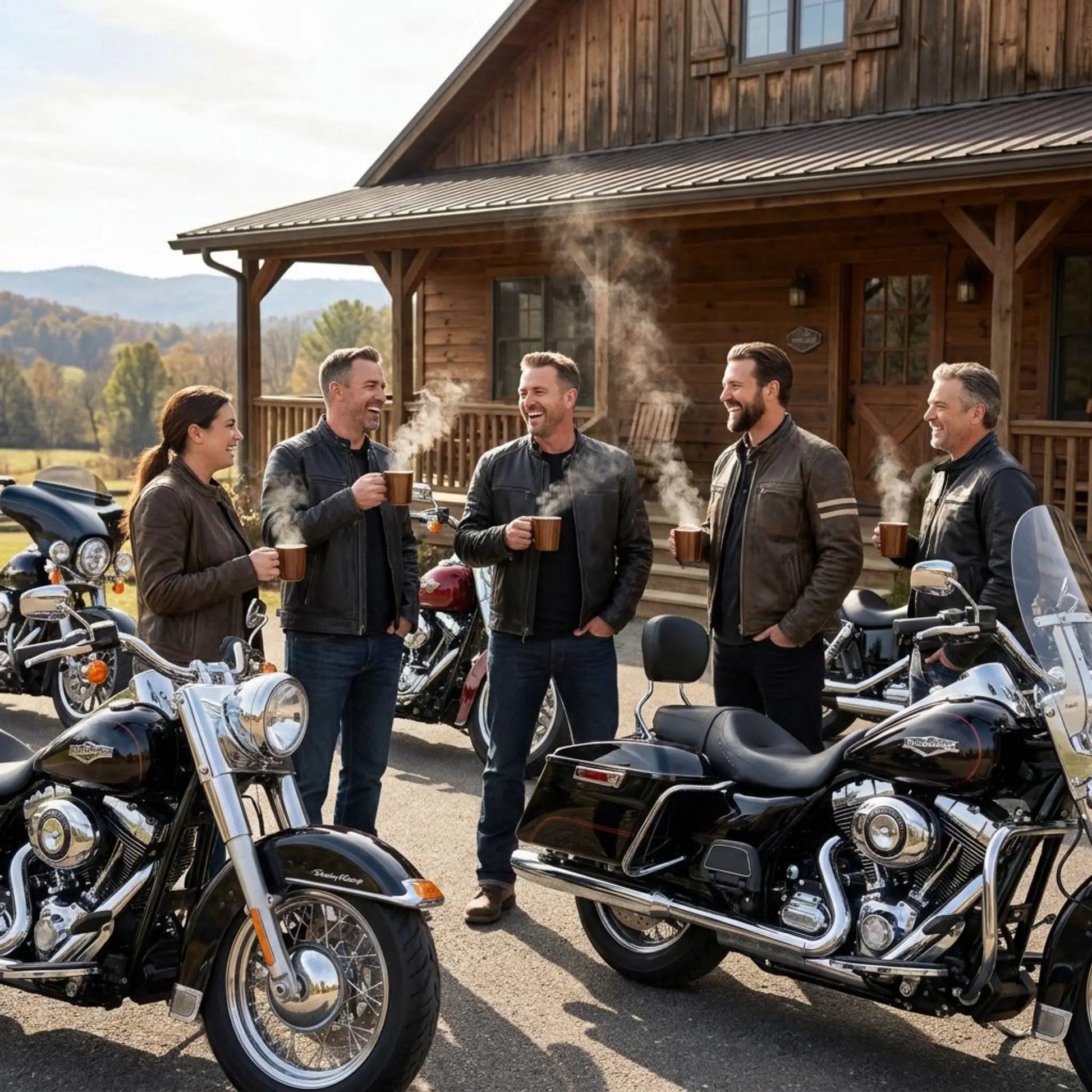 Group of people standing with their motorcycles near a wooden clubhouse, enjoying hot Colombia Single Origin coffee.