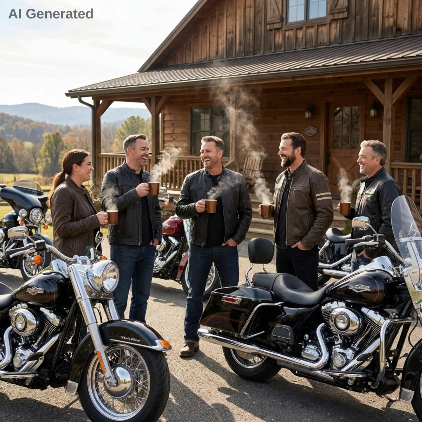 Group of people standing with their motorcycles near a wooden clubhouse, enjoying hot Colombia Single Origin coffee.