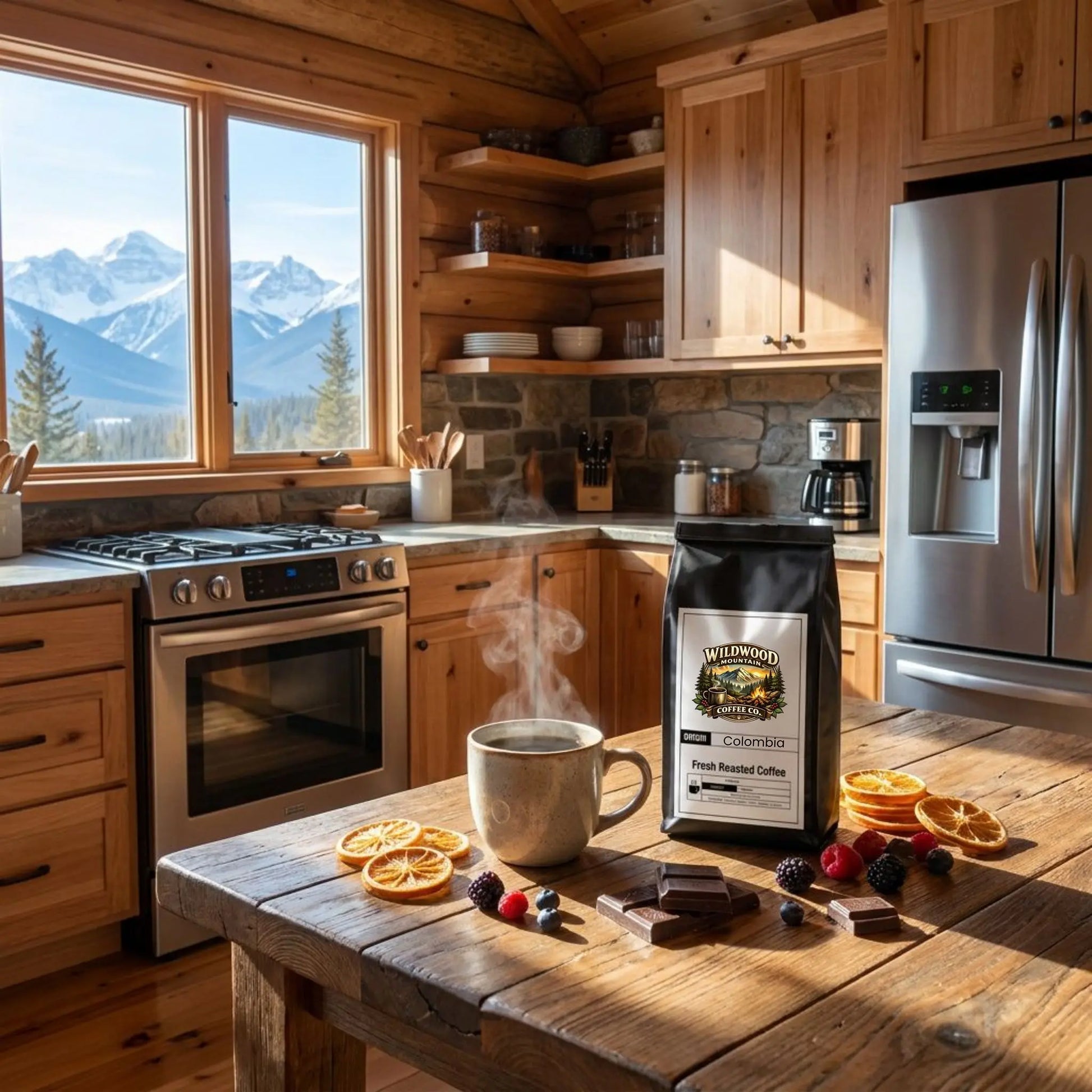Mountain Cabin Kitchen with wooden cabinets, stainless steel appliances, and a coffee bag, hot cup of coffee on a table.