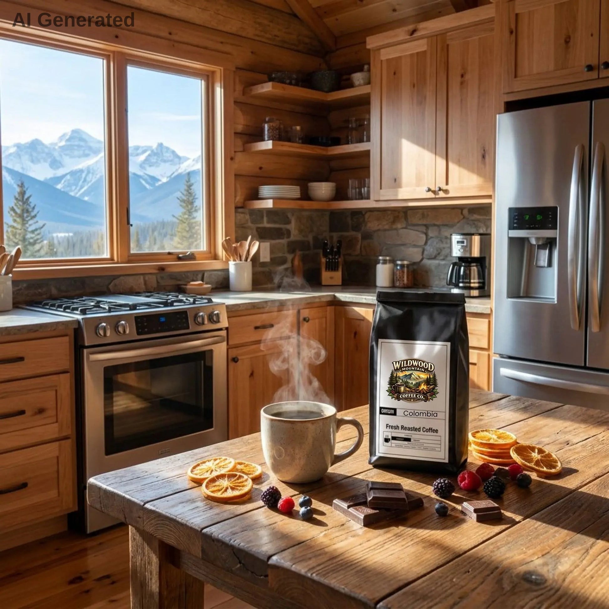 Mountain Cabin Kitchen with wooden cabinets, stainless steel appliances, and a coffee bag, hot cup of coffee on a table.