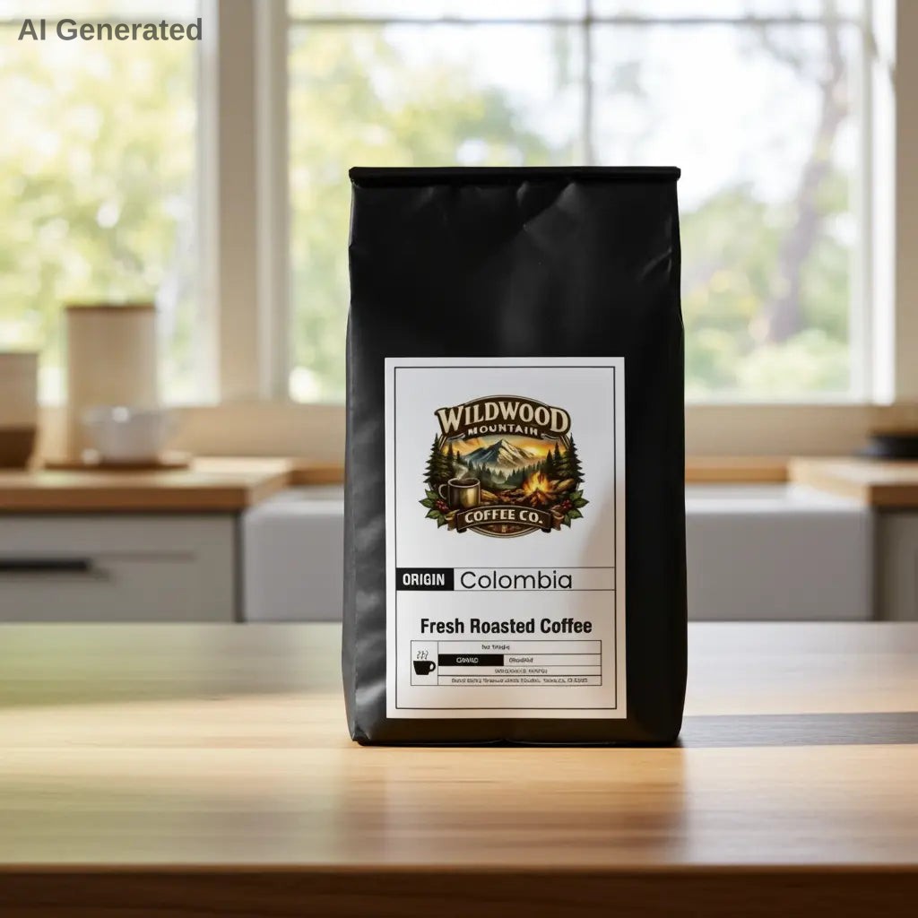 Wildwood Mountain Coffee Co. Columbia single origin coffee bag on a kitchen counter