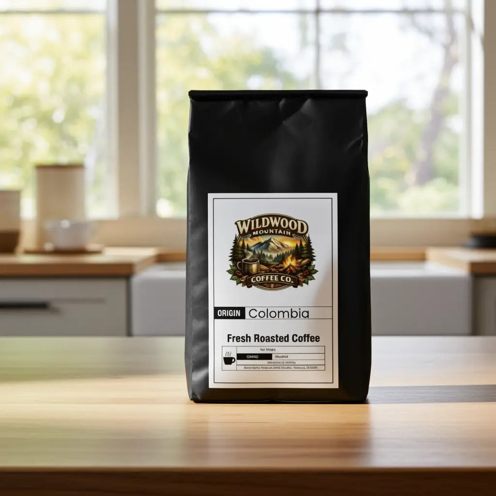 Wildwood Mountain Coffee Co. Columbia single origin coffee bag on a kitchen counter