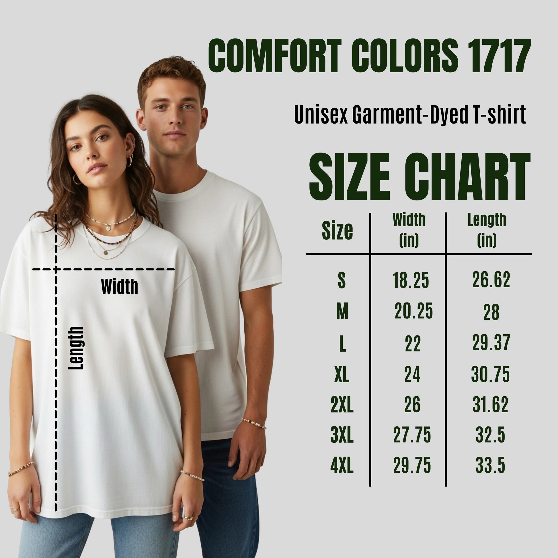Two people wearing white t-shirts with a size chart for Comfort Colors 1717 t-shirts.