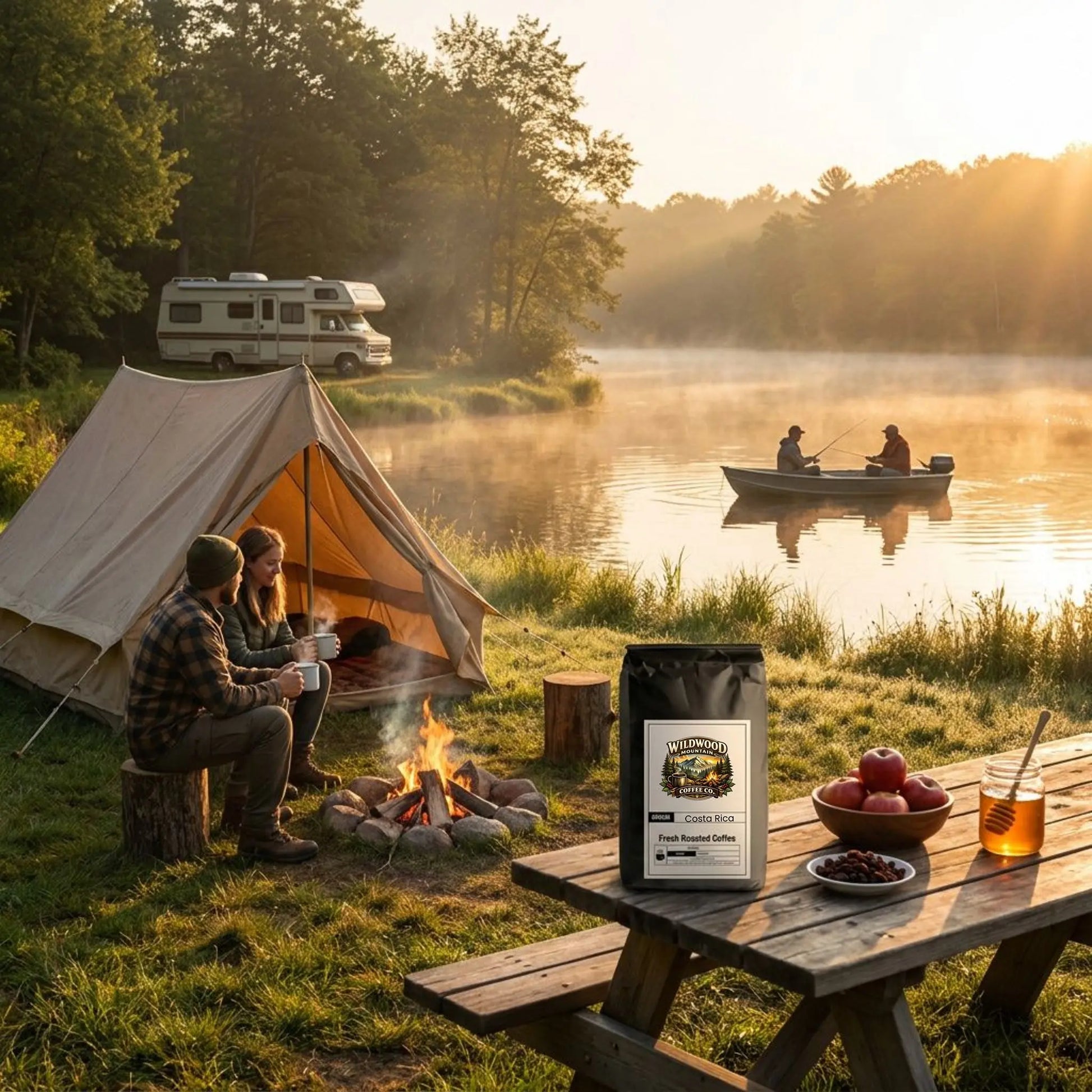 Camping scene with a tent, fire pit, and table with coffee and fruit near a lake.  Campers drinking coffee near the fire pit.  Fishermen on the lake.  RV in the background.