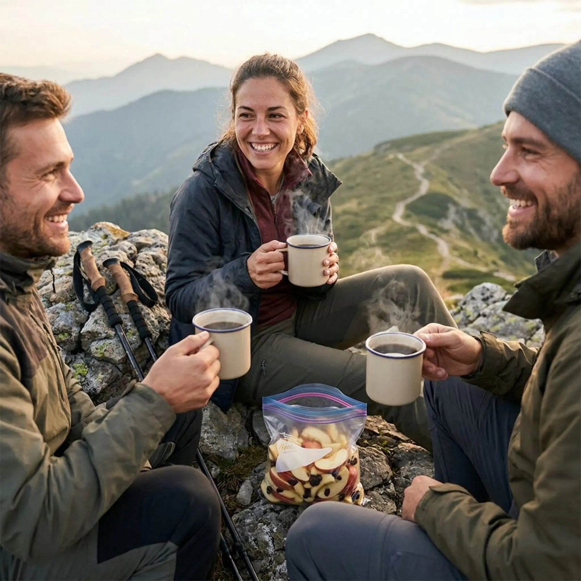 Hikers sitting on a mountain top, enjoying hot coffee and snacks.