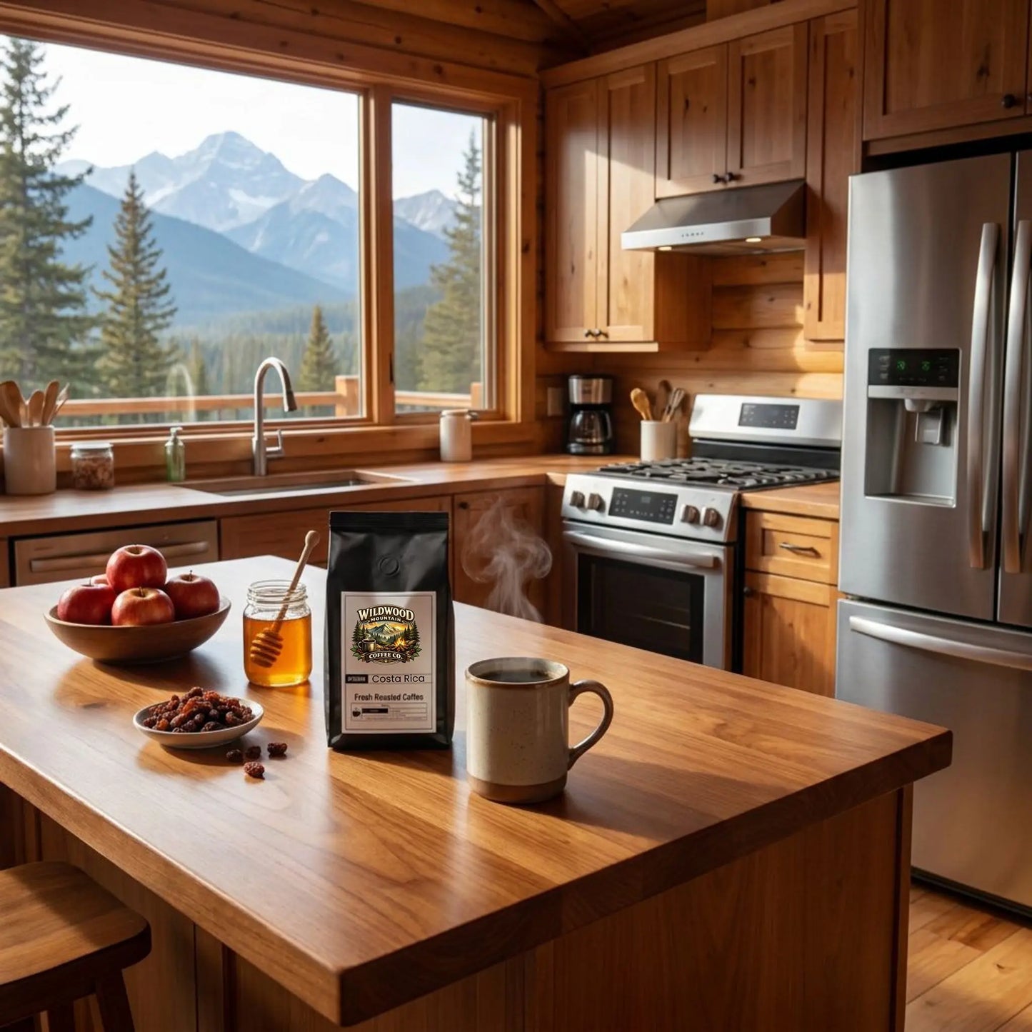 Mountain Cabin kitchen with mountain view, coffee bag, and mug on island