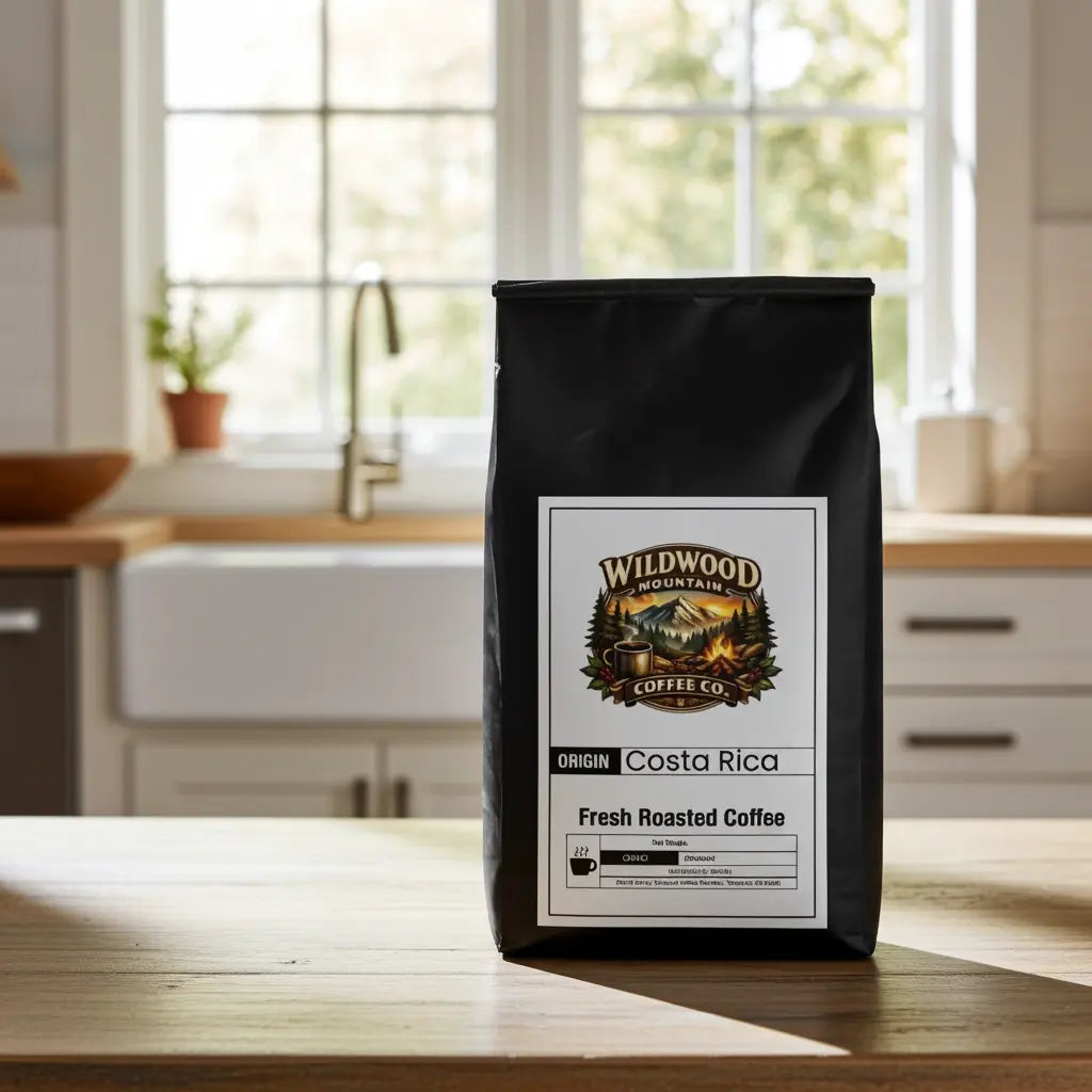 Bag of Wildwood Mountain Coffee Co. Costa Rica single origin coffee on a kitchen counter