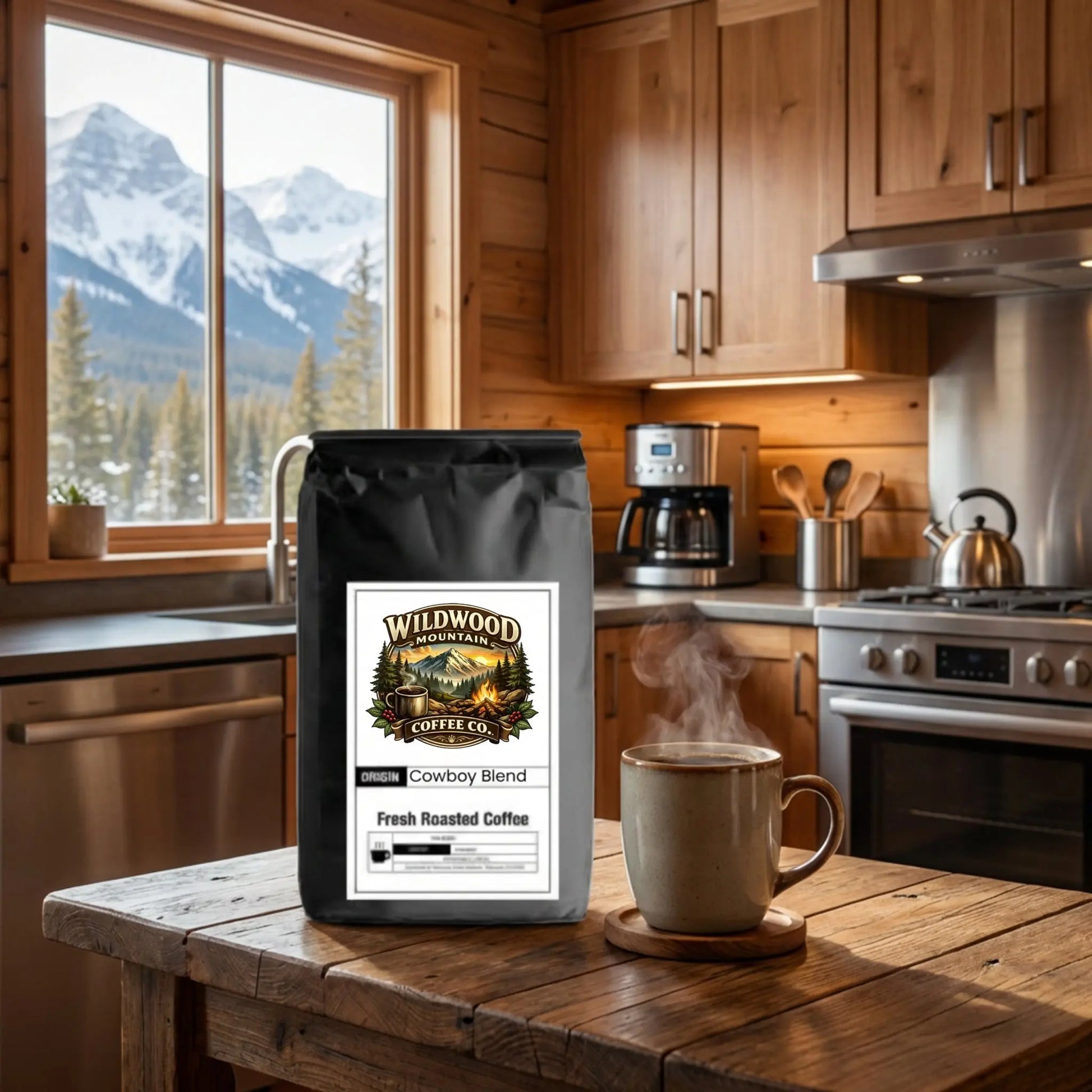 Bag of Wildwood Coffee Co. cowboy blend coffee on a kitchen counter with a steaming mug and mountain view.