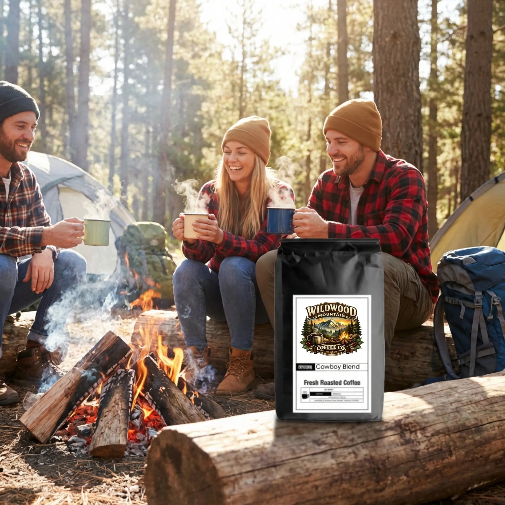 Three people sitting around a campfire with a bag of Wildwood Coffee in the foreground.