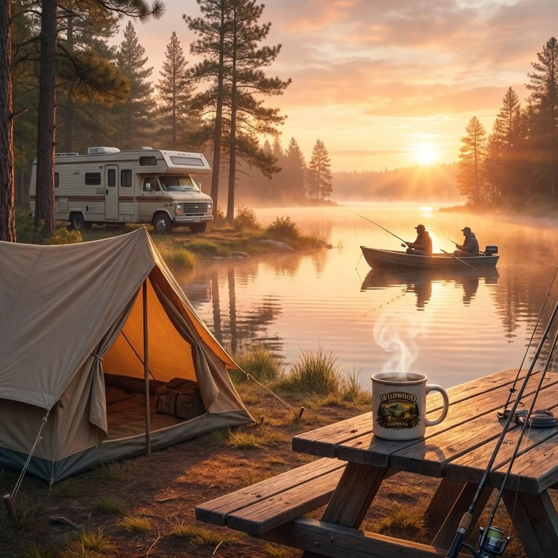 Wildwood Coffee Co. cowboy blend coffee on a picnic table near a lake, with a tent and RV in the background.  Two men fishing in a boat on the lake.  Extra fishing poles nearby.