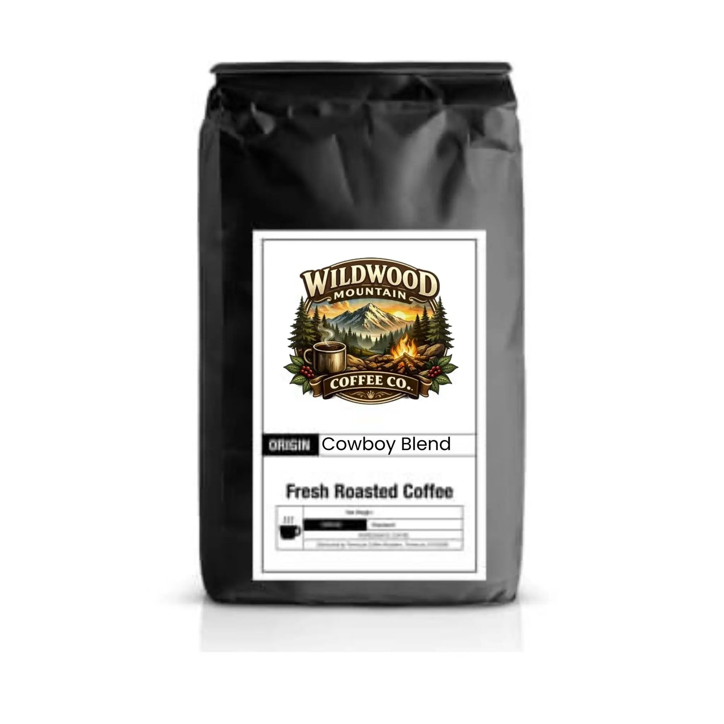 Coffee bag with Wildwood Mountain Coffee Co. label on a white background