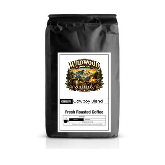Coffee bag with Wildwood Mountain Coffee Co. label on a white background