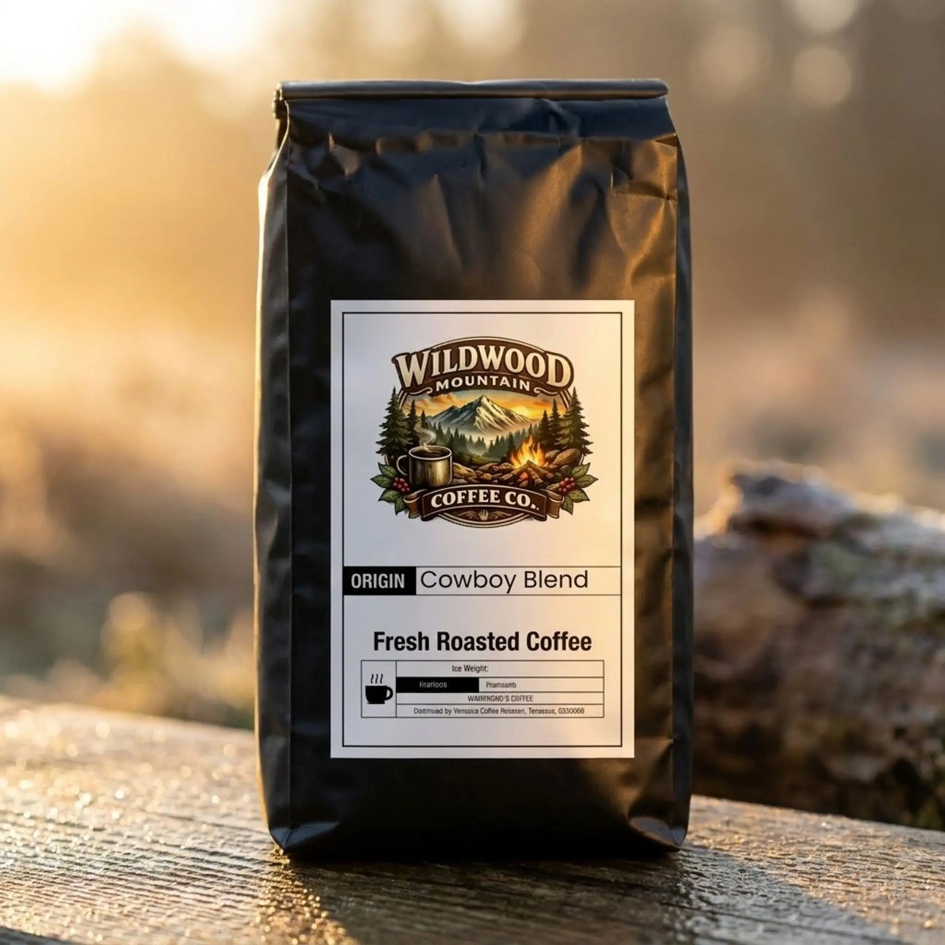 A scenic picture of a bag of Cowboy Blend coffee sitting on a wood plan in because scenic spot.