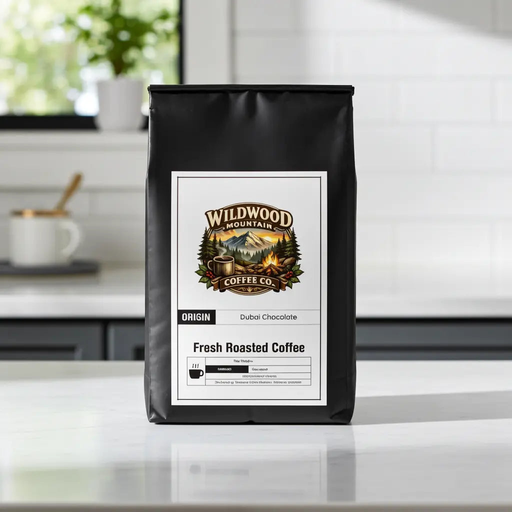 Black coffee bag with Wildwood Mountain Coffee Co. branding on a kitchen counter.