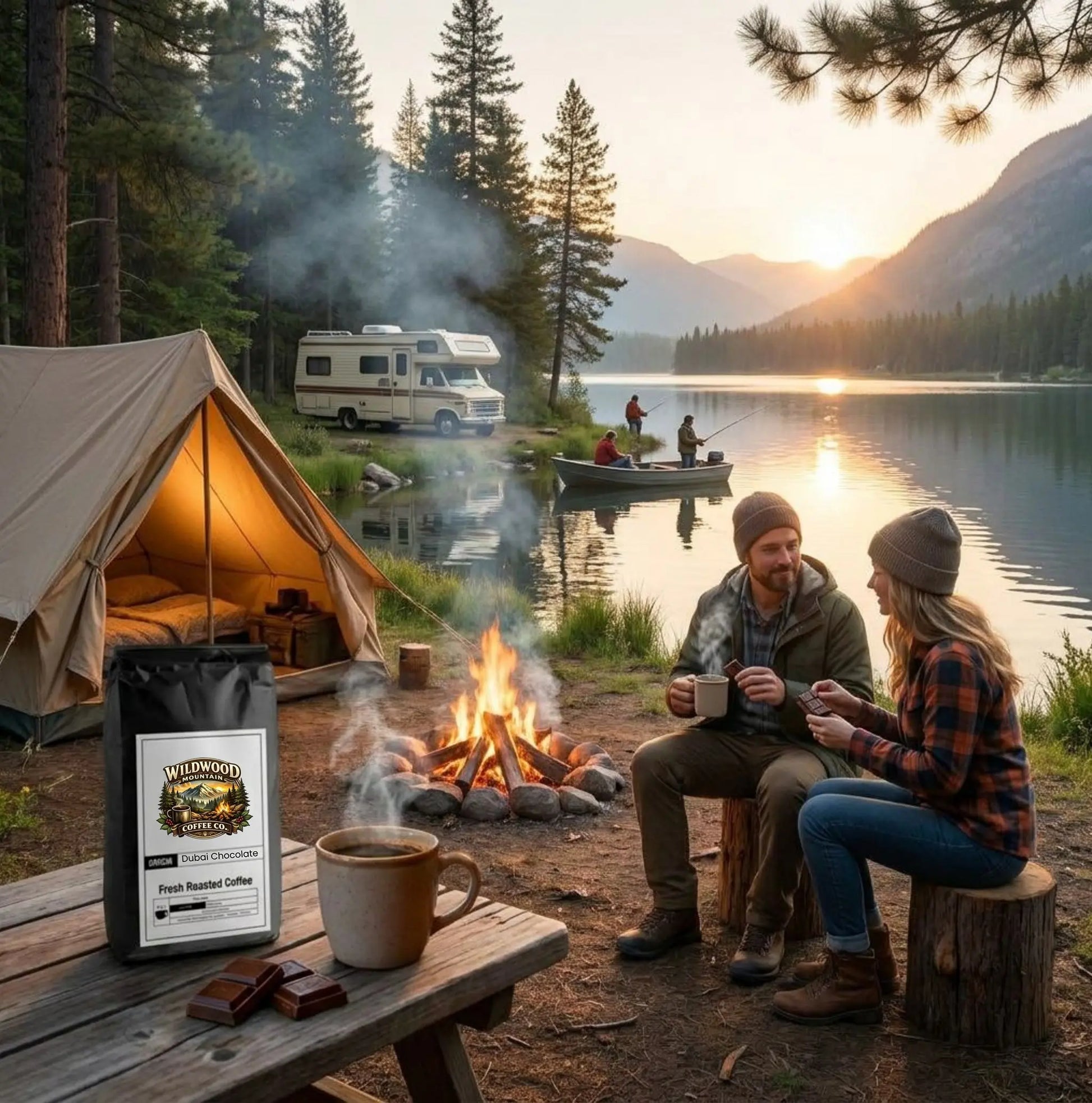 Two people sitting by a campfire near a lake with a tent, fishermen fishing in the lake, and RV in the background.