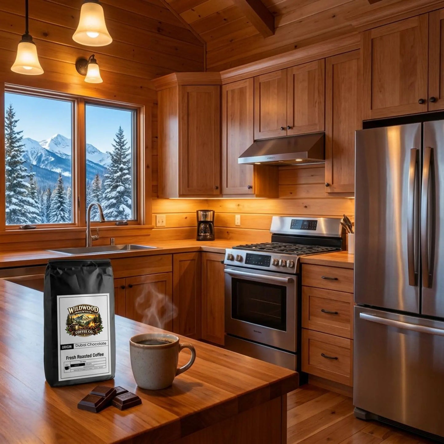 Mountain Cabin kitchen with stainless steel appliances and a view of mountains.