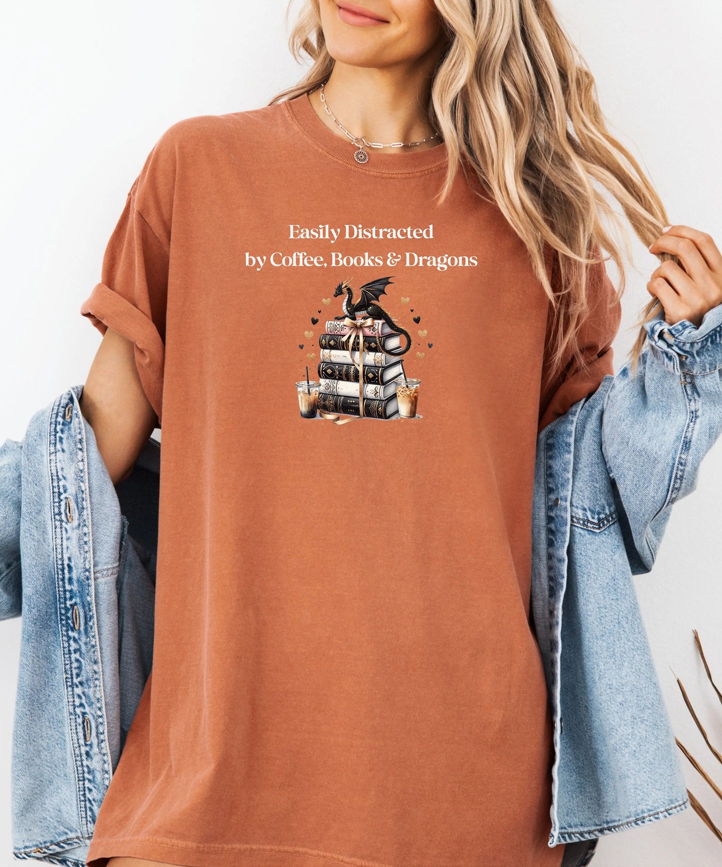 Easily Distracted by Coffee Books & Dragons T-Shirt, Book Lovers Tee, Fantasy Book Lover Gift, Bookworm Gift, Dragon Book Hoarder Wildwood Mountain Coffee Co