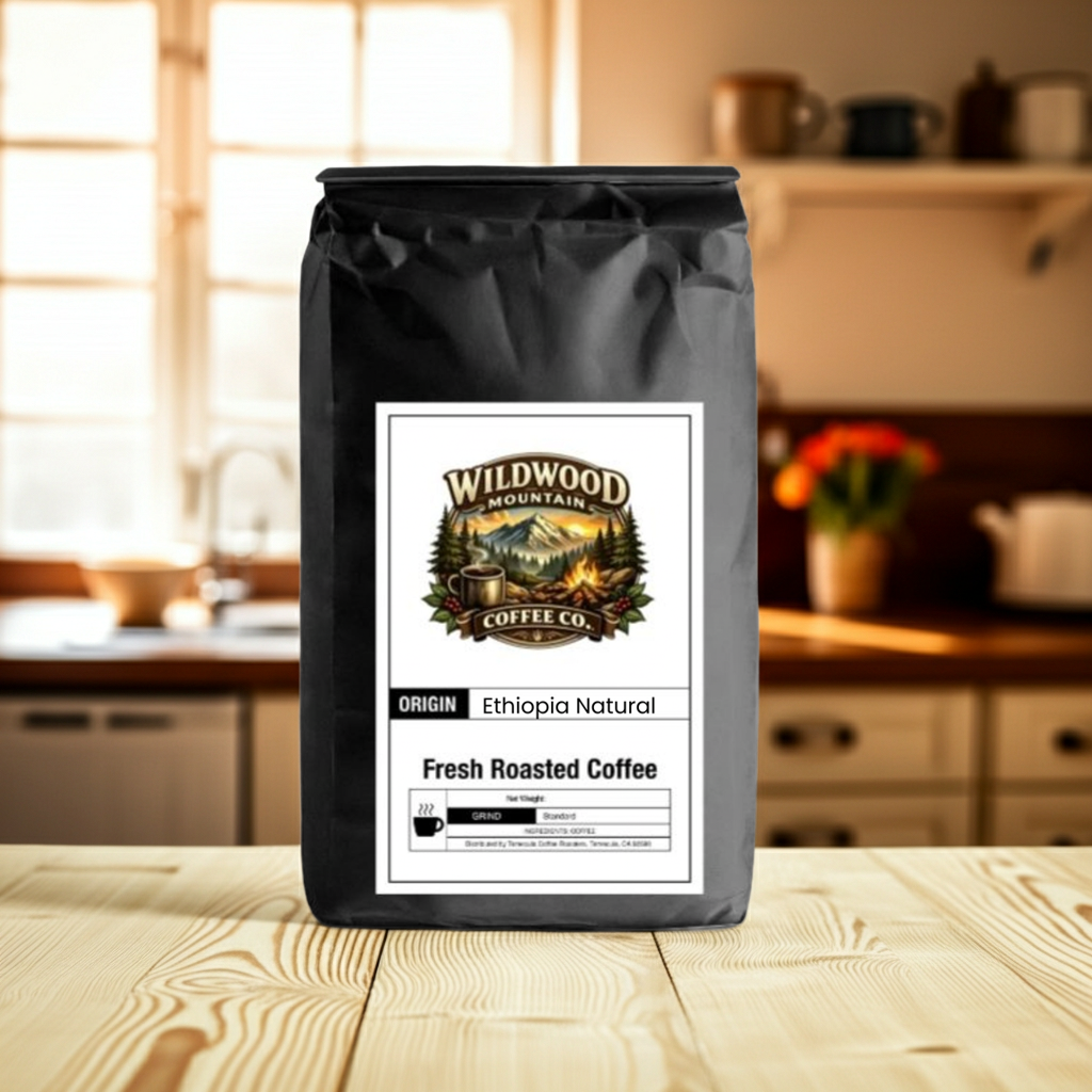 Bag of Wildwood Mountain Coffee Co. coffee on a wooden table with a kitchen background