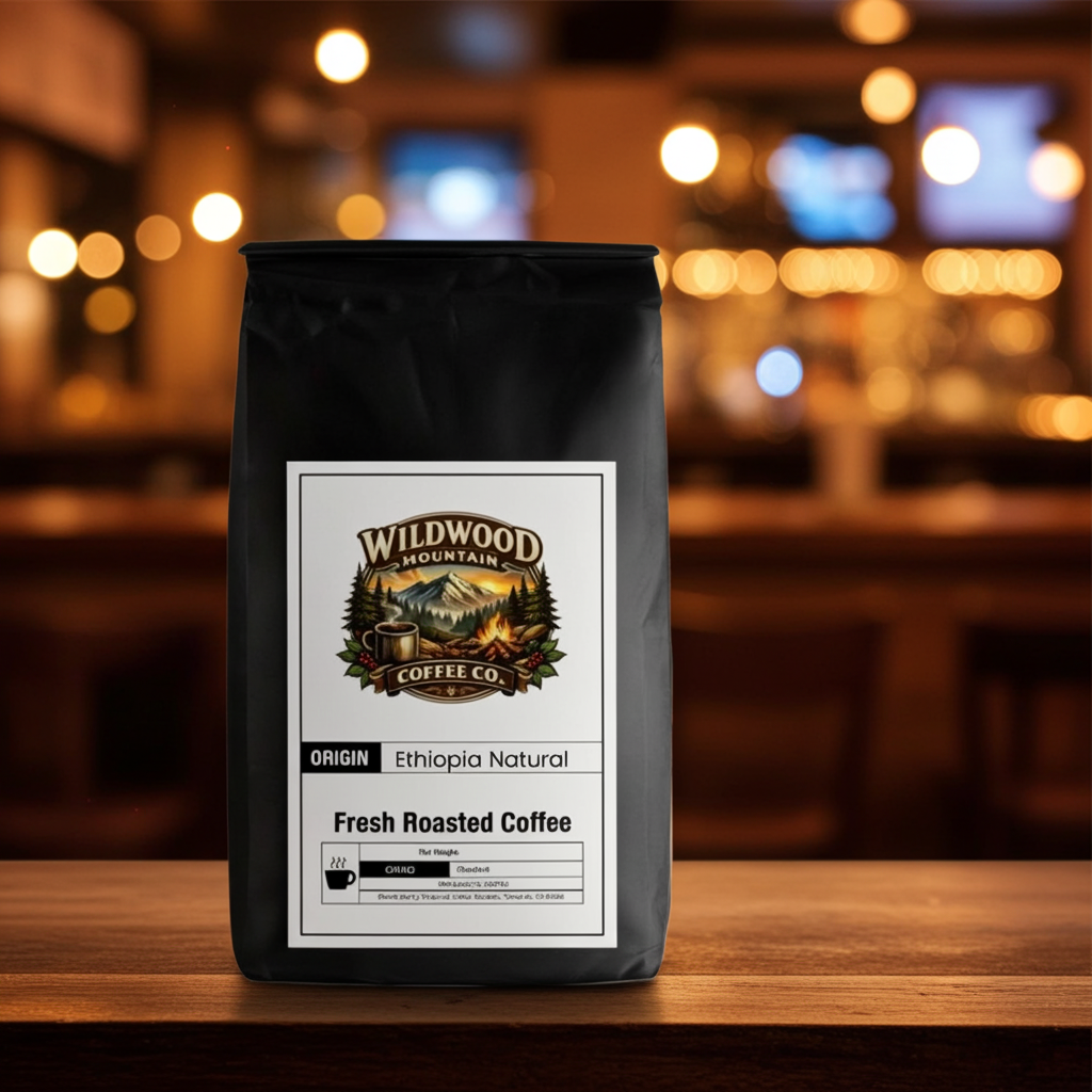 Bag of Wildwood Mountain Coffee Co. coffee on a bar with a blurred background
