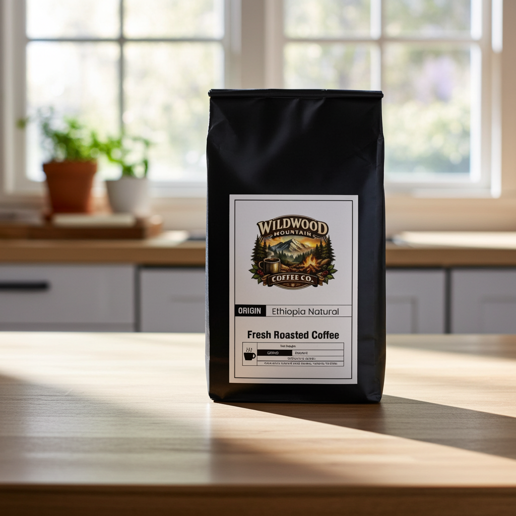 Black coffee bag with Wildwood Mountain Coffee Co. label on a wooden table