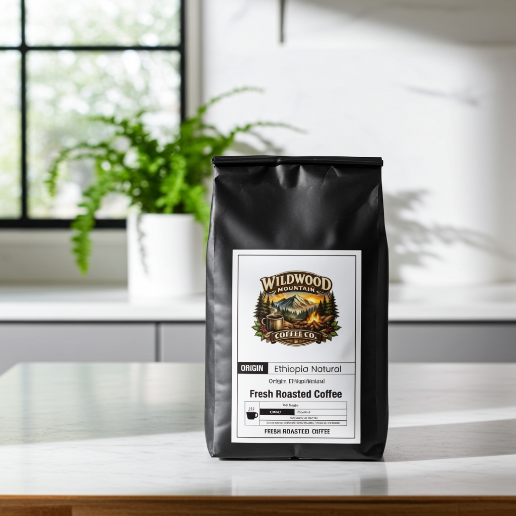 Black coffee bag with Wildwood Mountain Coffee Co. label on a white surface with a plant in the background