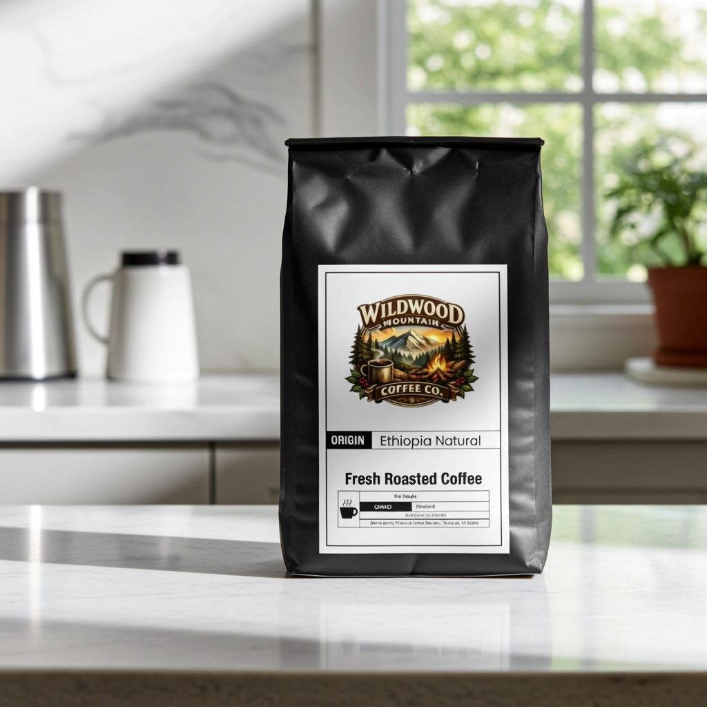 Bag of Wildwood Mountain Coffee Co. coffee on a kitchen counter with a blurred background