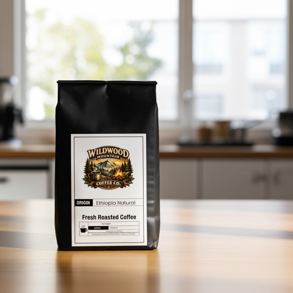 Coffee bag from Wildwood Mountain Coffee Co. on a kitchen counter
