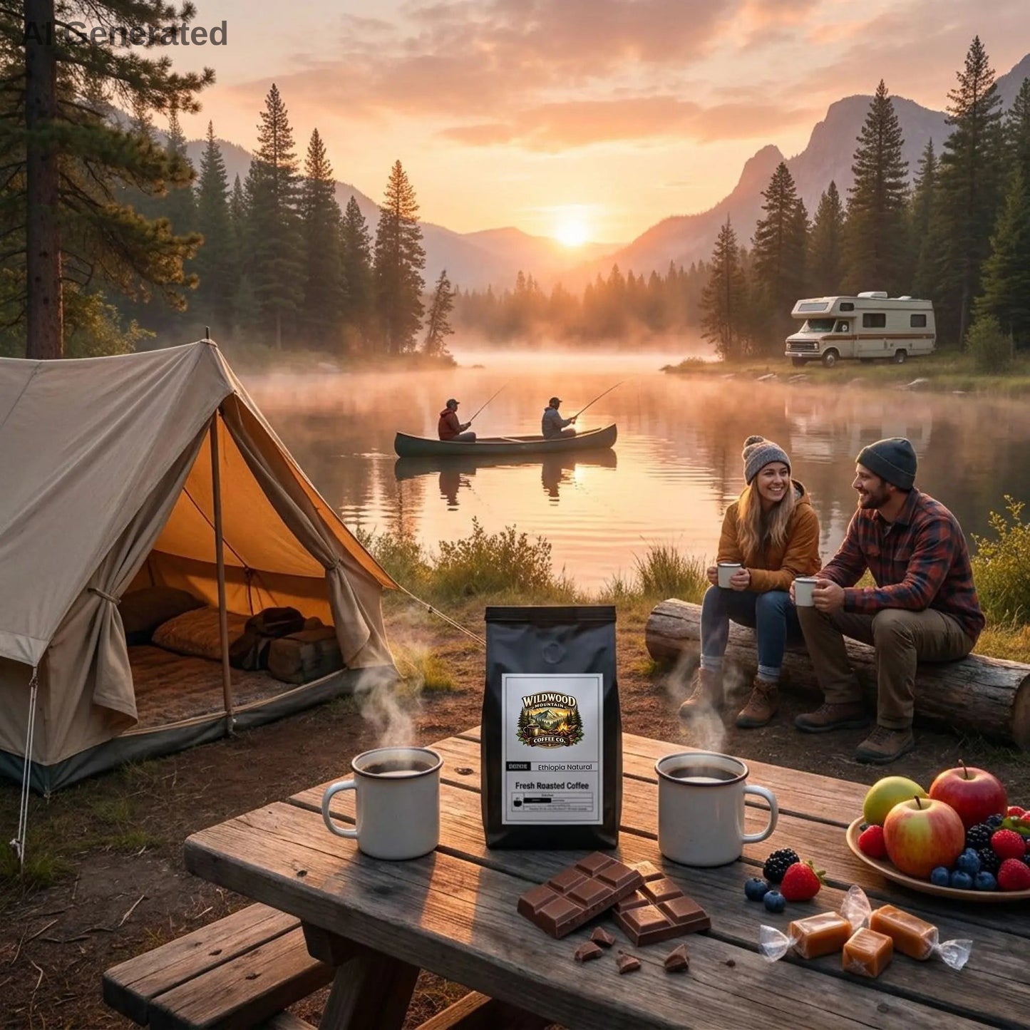 A serene early morning camping setting.  Two campers drinking coffee.  Two men fishing in a boat on the lake.  I tent nearby and an RV in the background.  A Wildwood Mountain Coffee Co coffee bag is sitting on the wooden picnic table, along with two cups of steaming coffee, milk chocolate, fruits, and caramels.