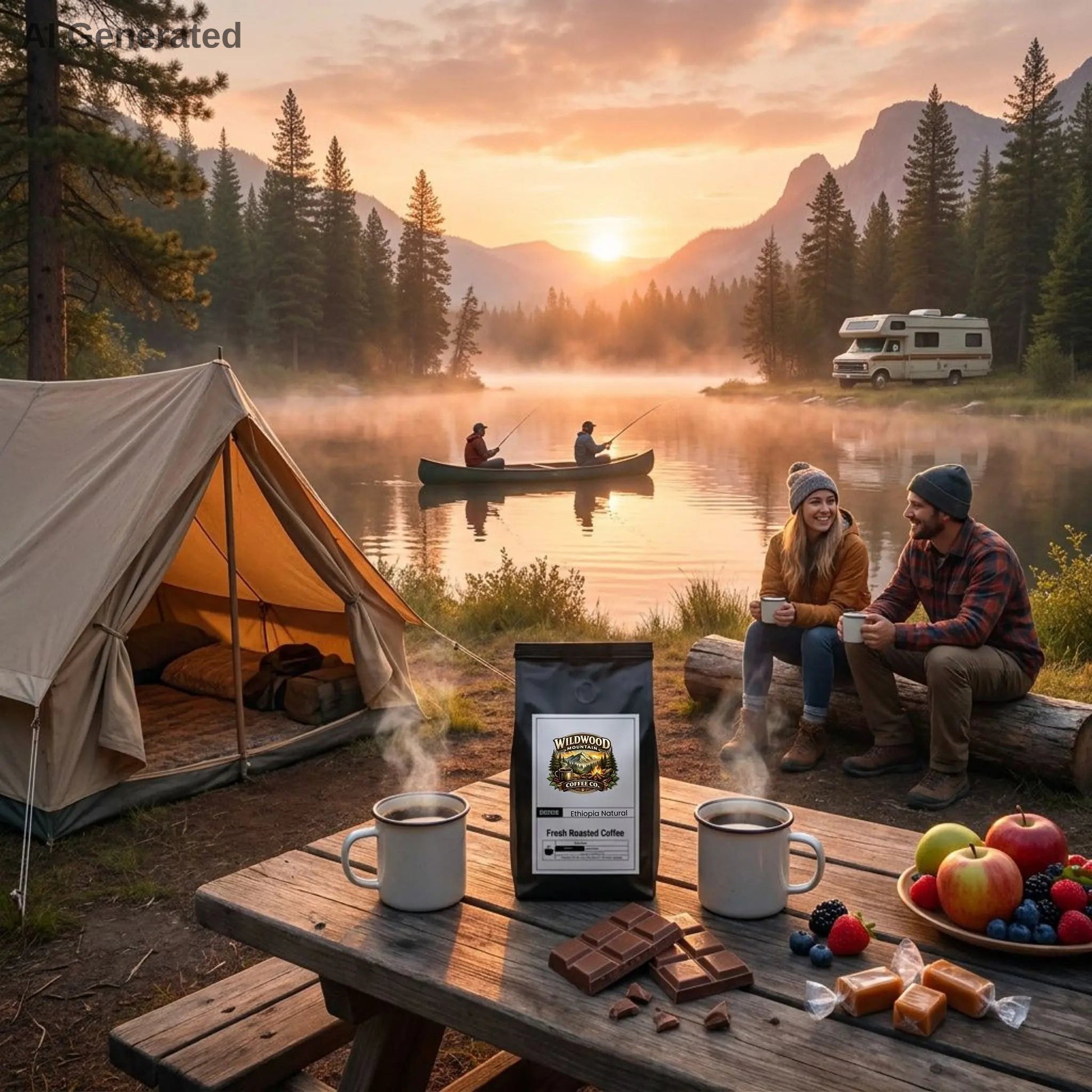 A serene early morning camping setting.  Two campers drinking coffee.  Two men fishing in a boat on the lake.  I tent nearby and an RV in the background.  A Wildwood Mountain Coffee Co coffee bag is sitting on the wooden picnic table, along with two cups of steaming coffee, milk chocolate, fruits, and caramels.