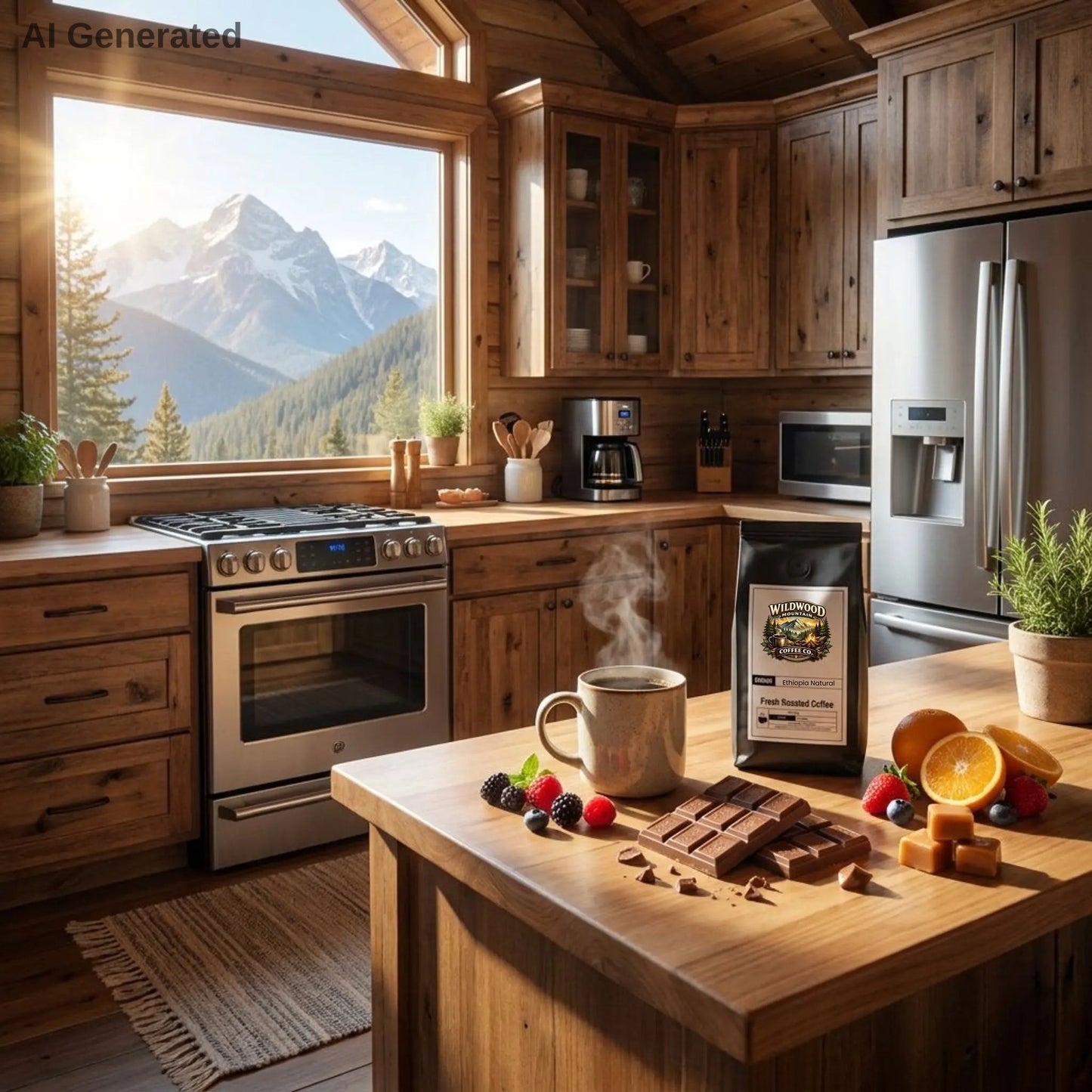 Mountain Cabin Kitchen with wooden cabinets and counters and a scenic mountain view outside the window.  A Wildwood Mountain Coffee Co coffee bag is sitting on the counter with a cup of hot steaming coffee, milk chocolate, fruits, and caramels.  