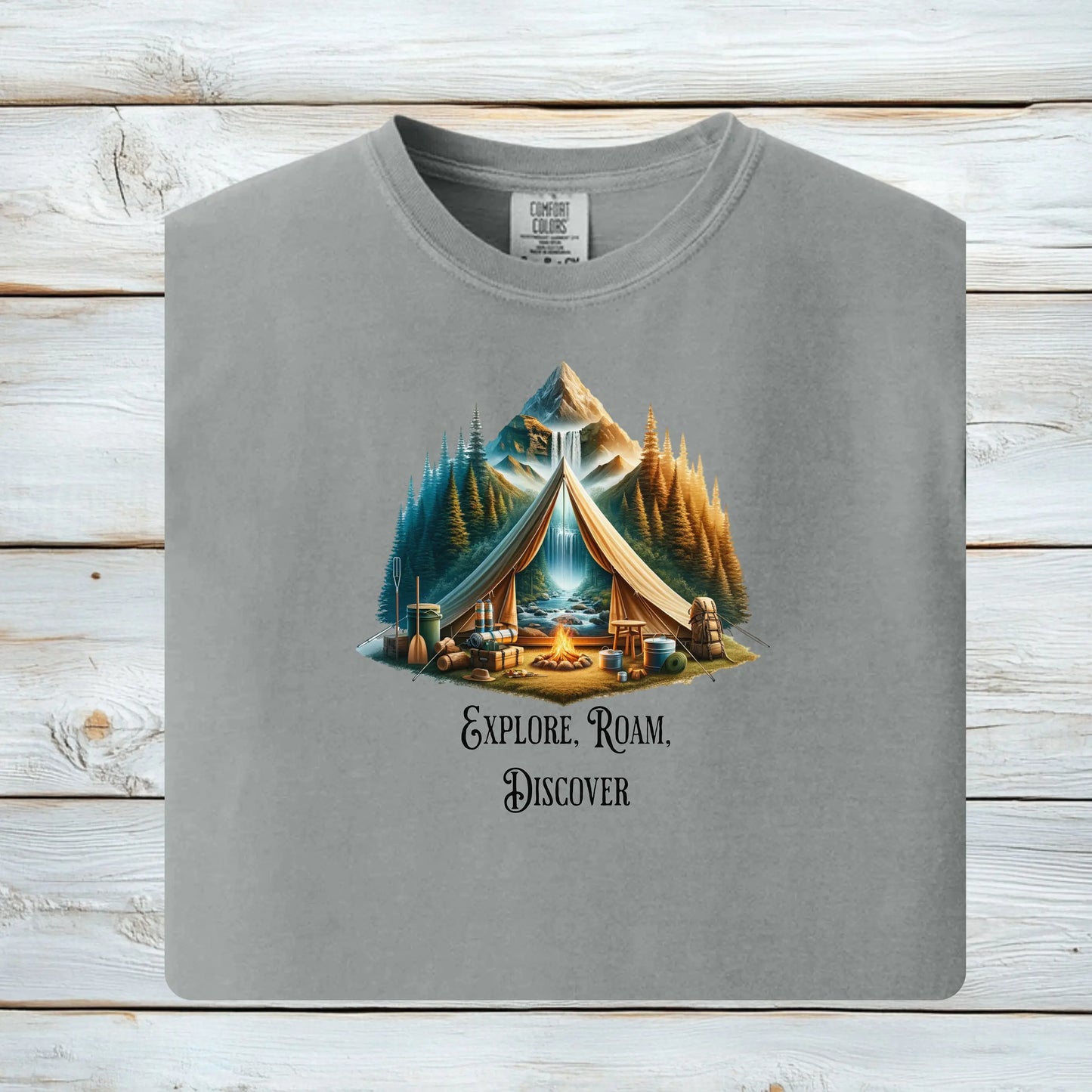 Explore Roam Discover Camping T-Shirt, Adventure Tent Graphic Tee Printify
