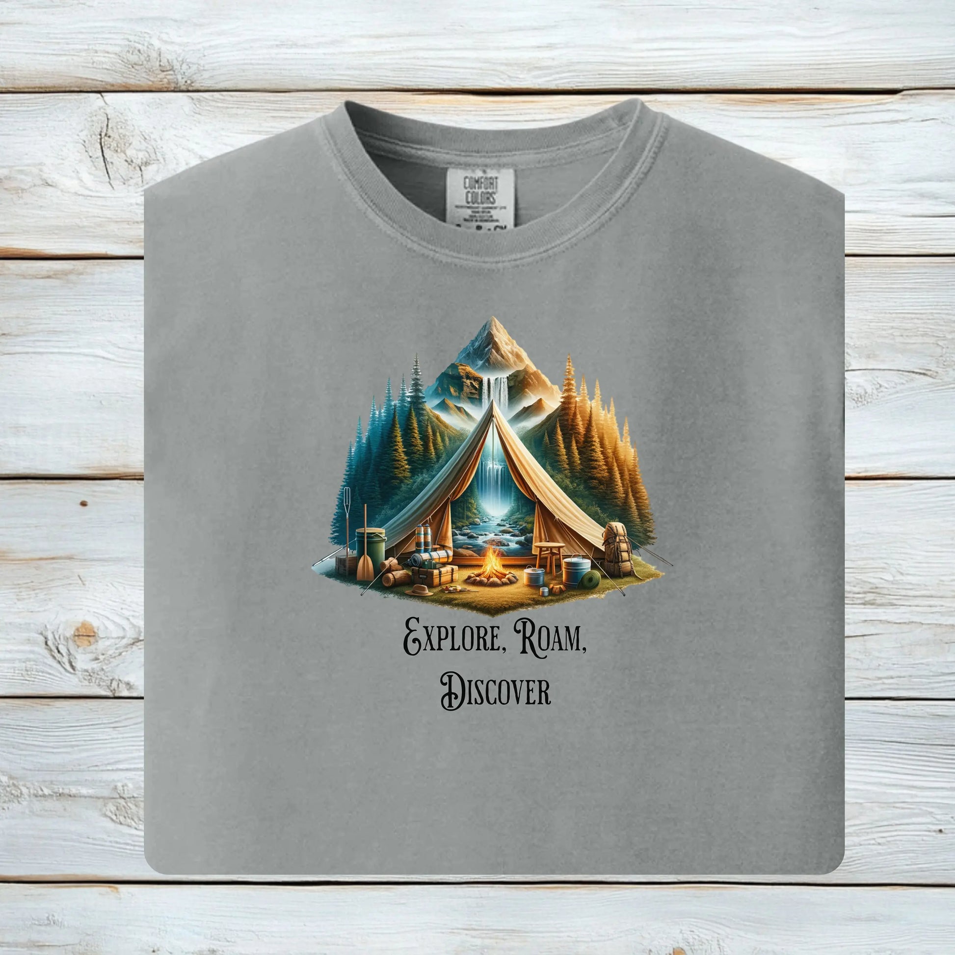 Explore Roam Discover Camping T-Shirt, Adventure Tent Graphic Tee Printify