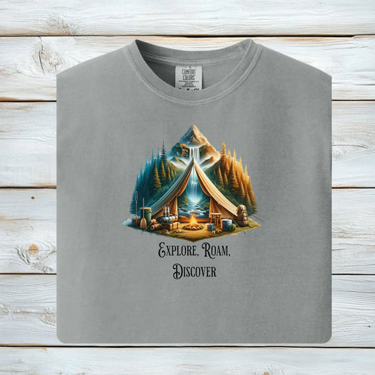 Explore Roam Discover Camping T-Shirt, Adventure Tent Graphic Tee Printify