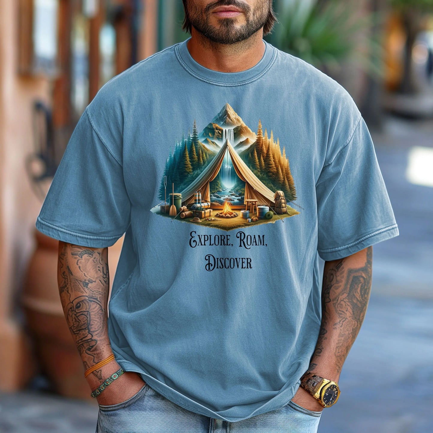 Explore Roam Discover Camping T-Shirt, Adventure Tent Graphic Tee Printify
