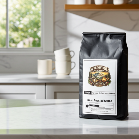 Black coffee bag from Wildwood Mountain Coffee Co. on a kitchen counter with mugs in the background.