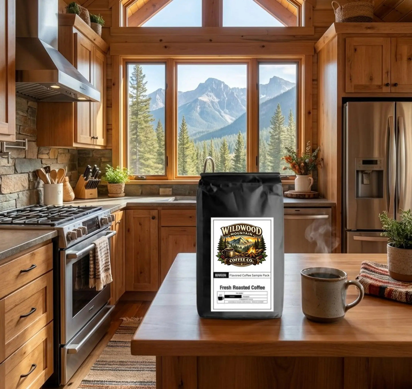Kitchen with wooden cabinets and a large window view of mountains, featuring a bag of Wildwood Mountain Coffee Co. coffee.