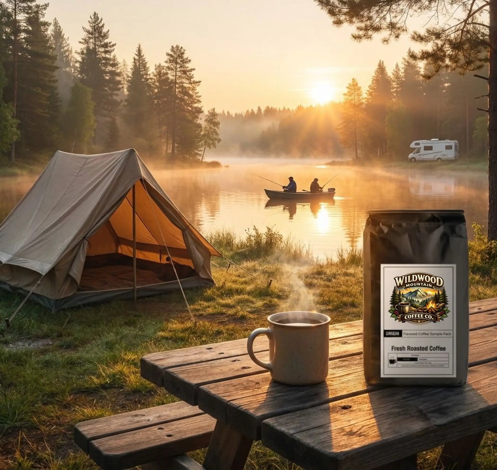 Camping scene with a tent, coffee, and coffee bag by a lake at sunset.