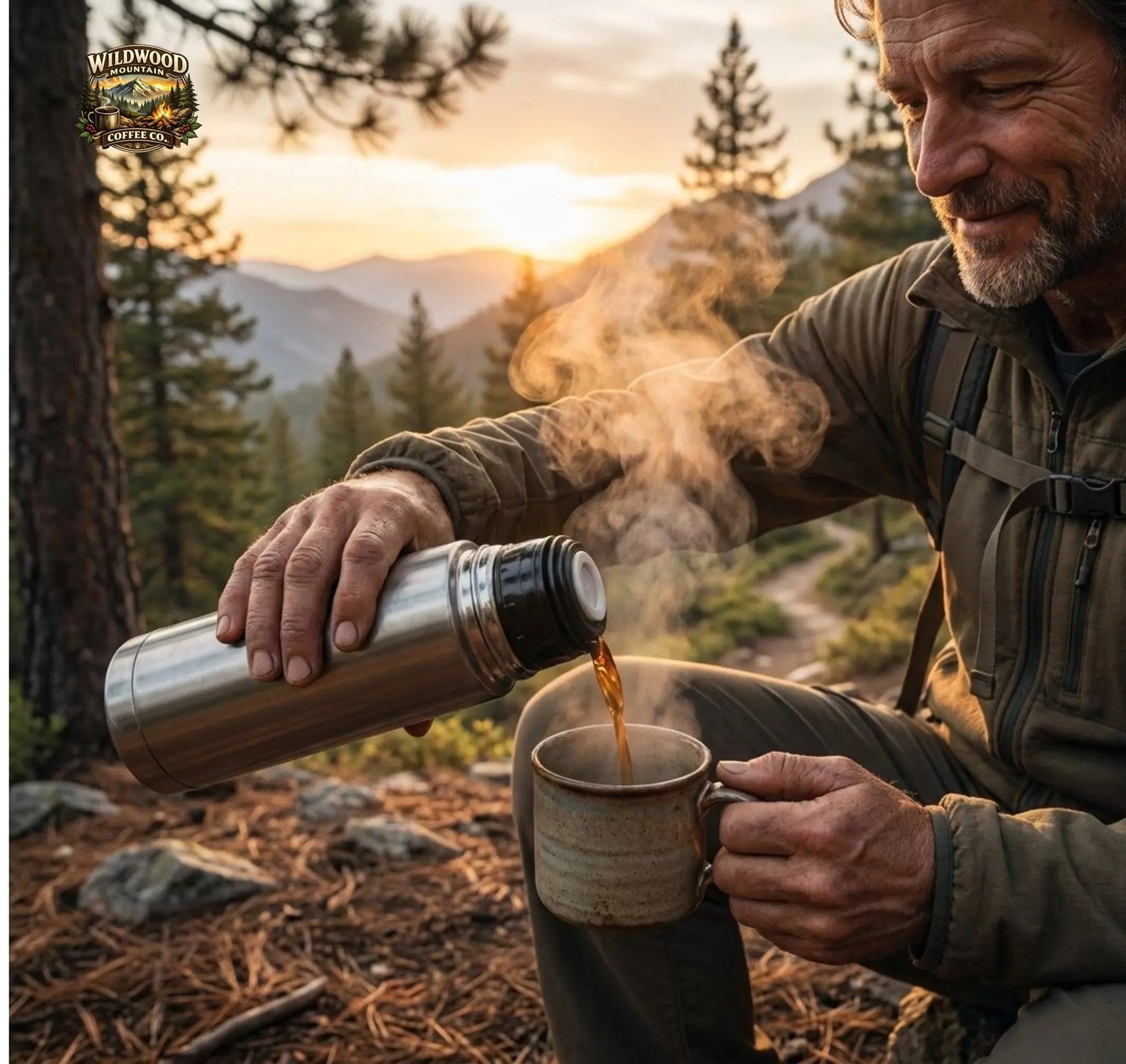 Hiker in outdoor setting pouring coffee from a thermos into a mug with a scenic background