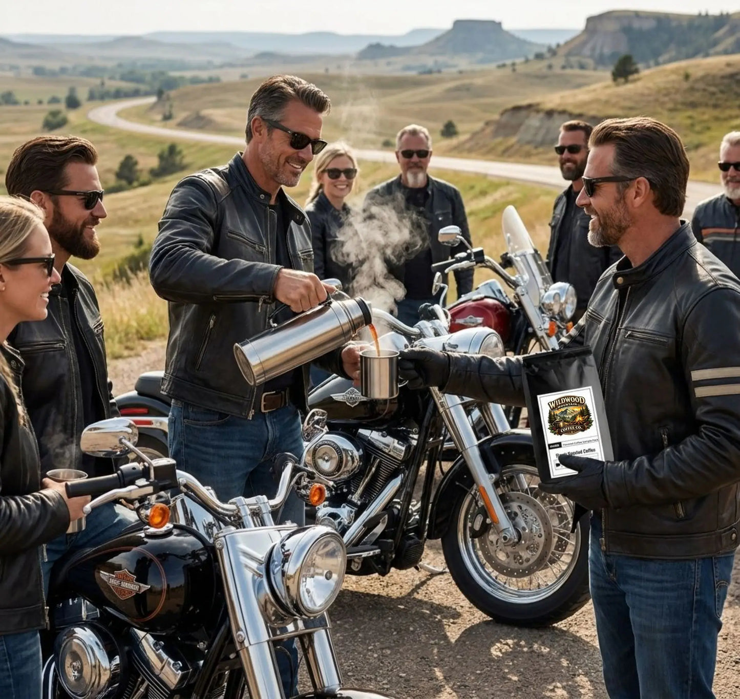 Group of motorcyclists stopped and enjoying Wildwood Mountain Coffee being poured from a thermos while socializing with a scenic background
