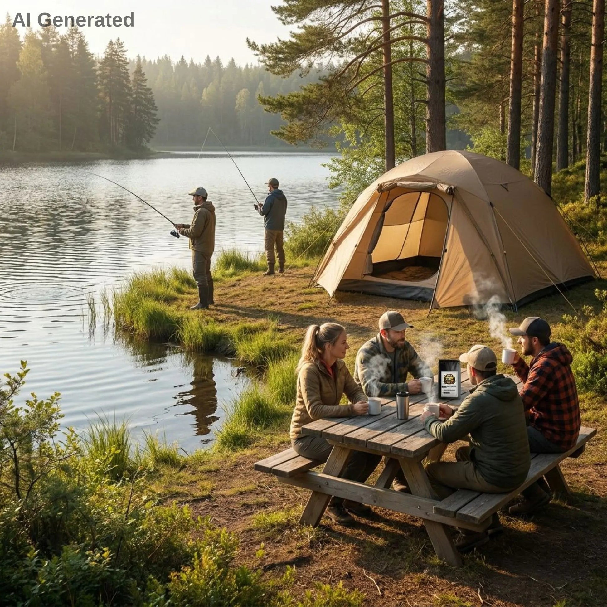 Group of people camping by a lake, with a tent and picnic table setup.